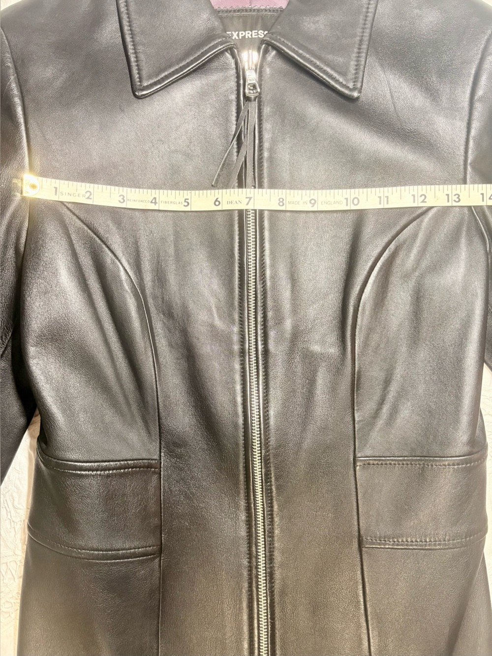 Express 100% Genuine Leather Black Zip Front Fitted Jacket Y2K Minimalist Sz 6 - Picture 10 of 12